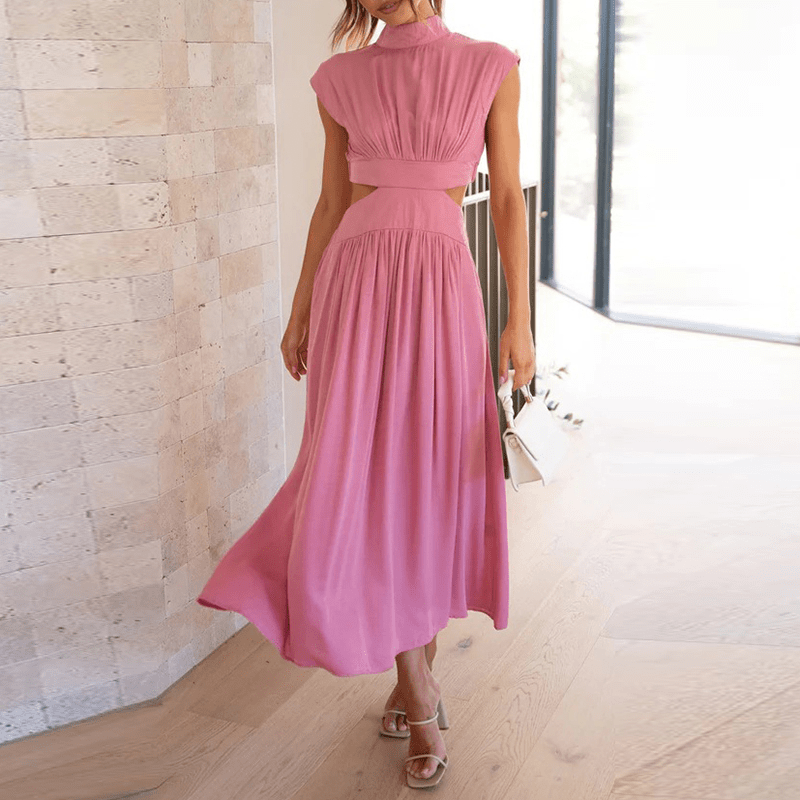 Elegantes schwarzes Midikleid mit Cut-Outs – Stehkragen & Plissee für stilvolle Auftritte