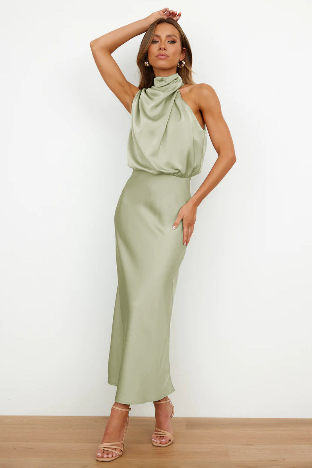 Damen Satin Midikleid Halterneck rückenfrei elegant für Party oder Abendanlass