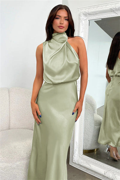 Damen Satin Midikleid Halterneck rückenfrei elegant für Party oder Abendanlass