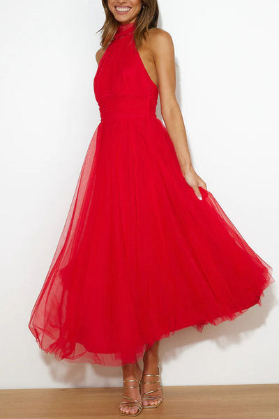 Elegantes Tüllkleid – Halterneck Midikleid mit A-Linie & Schleierkragen