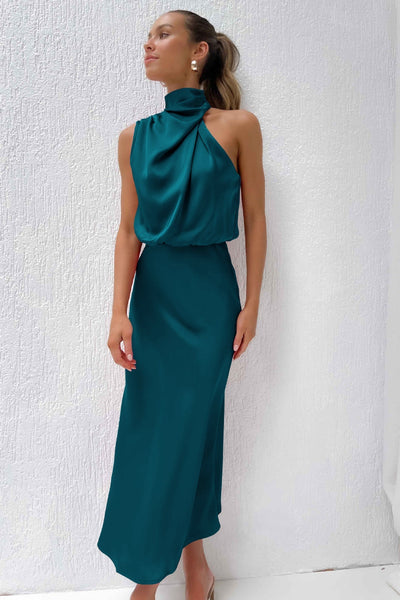 Damen Satin Midikleid Halterneck rückenfrei elegant für Party oder Abendanlass