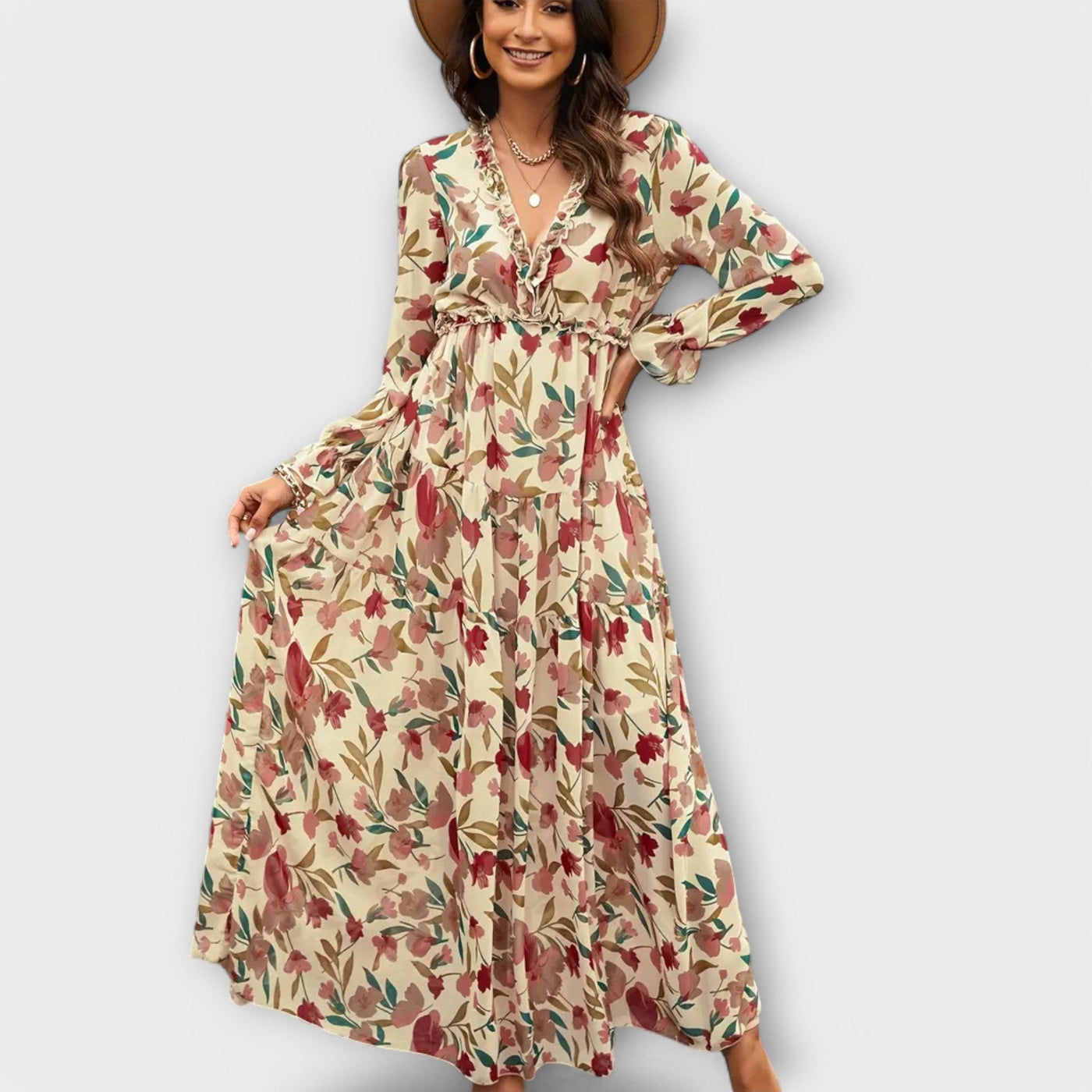 Lillian | Romantisches, transparentes Maxikleid mit floralem Design