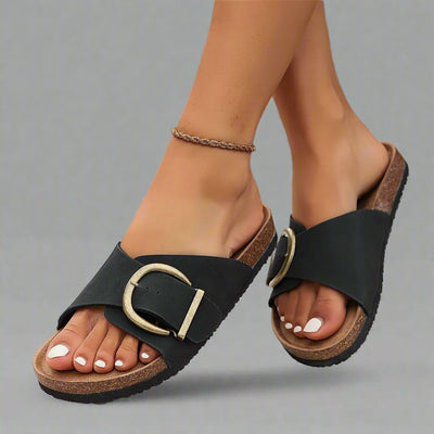 Margie | Damen Kork Pantoletten mit Schnallenriemen Design