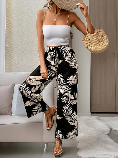 Denielle – Stilvolle Hose mit weitem Bein und Blattmuste