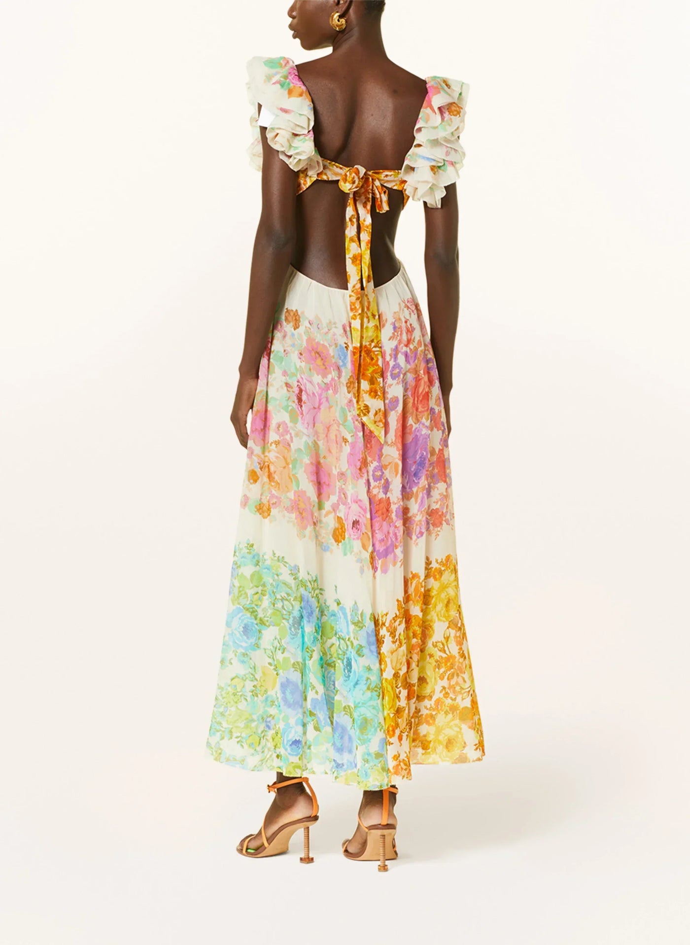 Maxikleid mit Blumenmuster, V-Ausschnitt und Rüschen-Trägern für Damen
