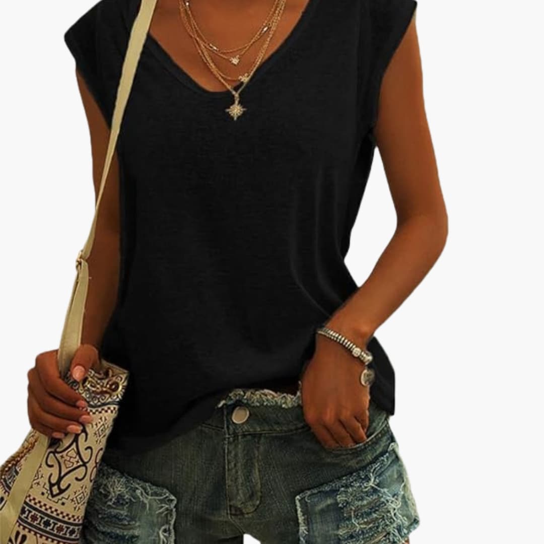 Damen V-Ausschnitt Top mit Cap-Ärmeln und Stretchmaterial