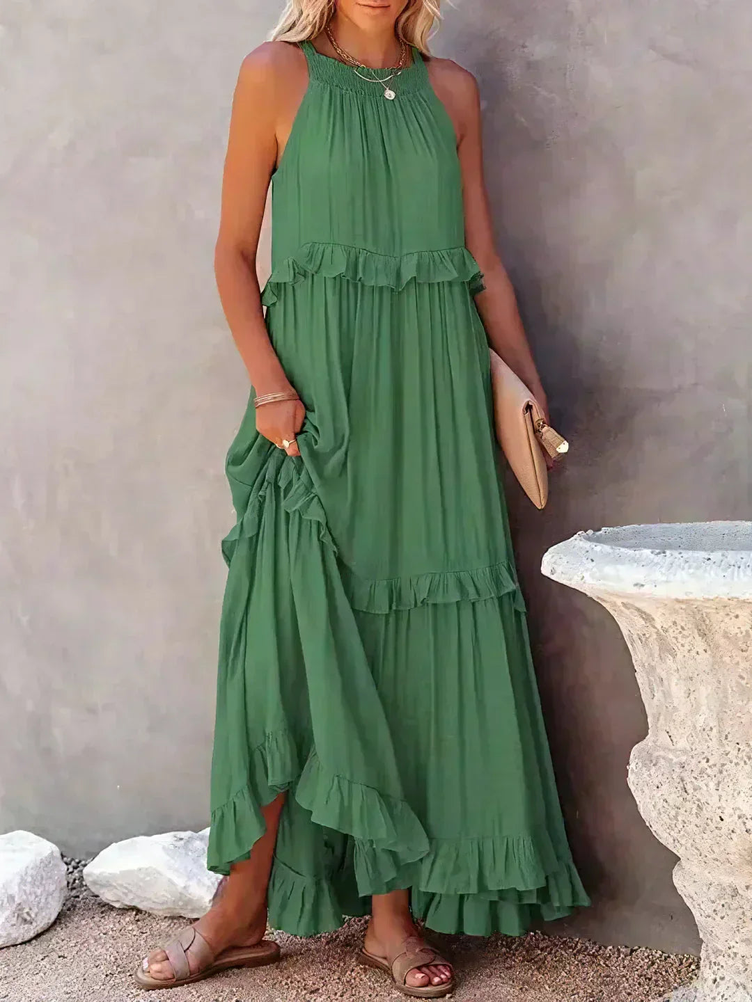 Boho Maxikleid mit Volants & Neckholder-Ausschnitt – Sommerlich & Feminin
