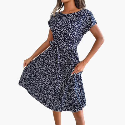 Sommerkleid Damen - Blumenkleid mit Gürtel und Kurzarm