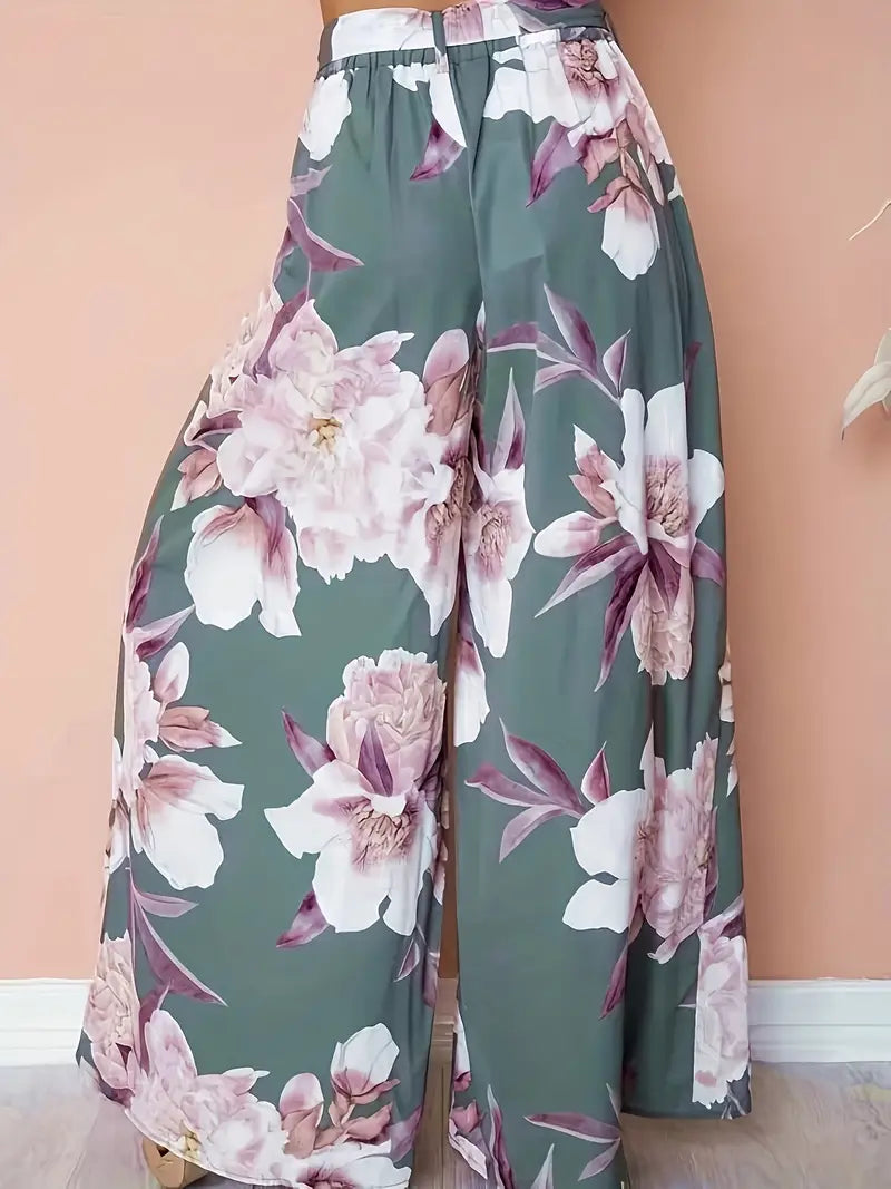 Aisling – Palazzohose mit Blumenmuster, hoher Taille und weitem Bein und Bindegürtel