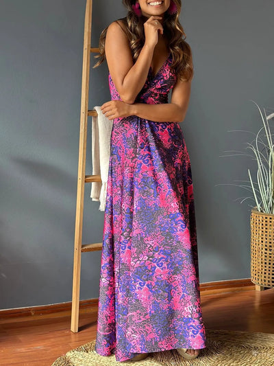 Tropical Print V-Neck Maxi Dress