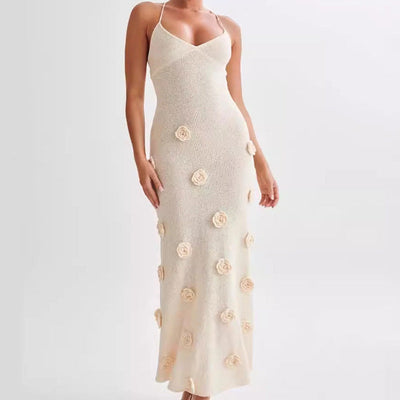 Maxikleid mit Spaghettiträgern und 3D-Blumenapplikationen für Damen