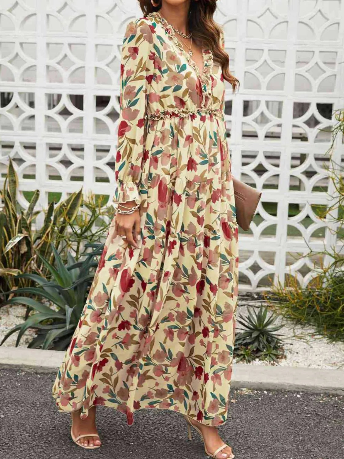 Frill Printed V-Neck Flounce Sleeve Dress