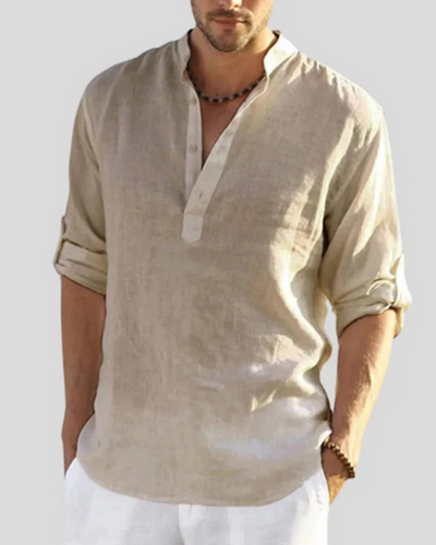 Herren Langarmhemd mit Stehkragen | Lockeres Freizeithemd mit Knöpfen