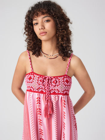 Maxikleid mit Ethno-Muster, Trägern und Schlitz für Damen