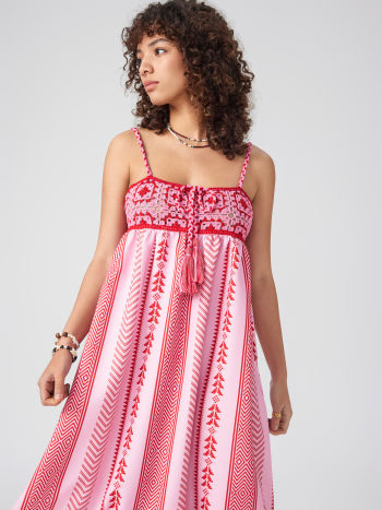 Maxikleid mit Ethno-Muster, Trägern und Schlitz für Damen