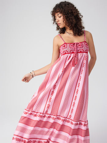 Maxikleid mit Ethno-Muster, Trägern und Schlitz für Damen