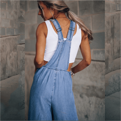 Damen-Latzhose aus Denim mit weitem Bein und verstellbaren Trägern