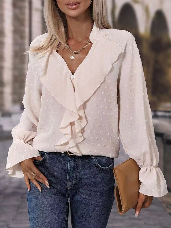 Anika - Elegante Bluse mit V-Ausschnitt, langen Ärmeln und Schweizer Punkt-Volants