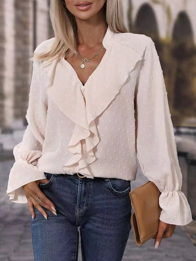 Anika - Elegante Bluse mit V-Ausschnitt, langen Ärmeln und Schweizer Punkt-Volants