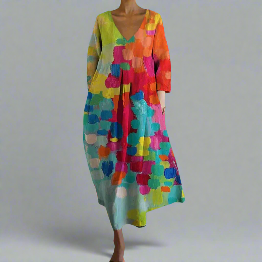 URSINA | BUNTES KLEID MIT V-AUSSCHNITT AUS HOCHWERTIGEM STOFF