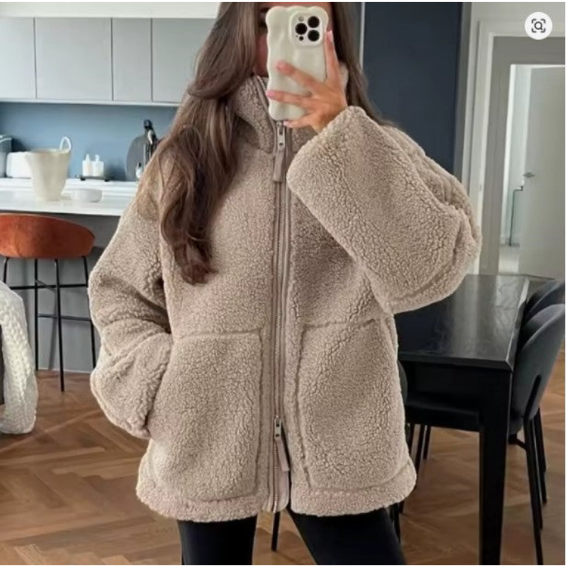 Teddy Damen Winterjacke Mit Reißverschluss | Kuschelige Übergangsjacke