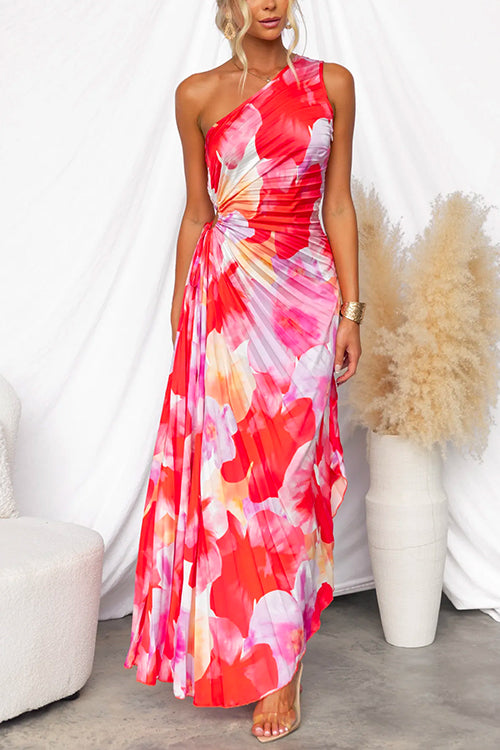 Elegantes Maxikleid mit Blumendruck – Einarmig & Plissiert, Perfekt für Sommer und besondere Anlässe