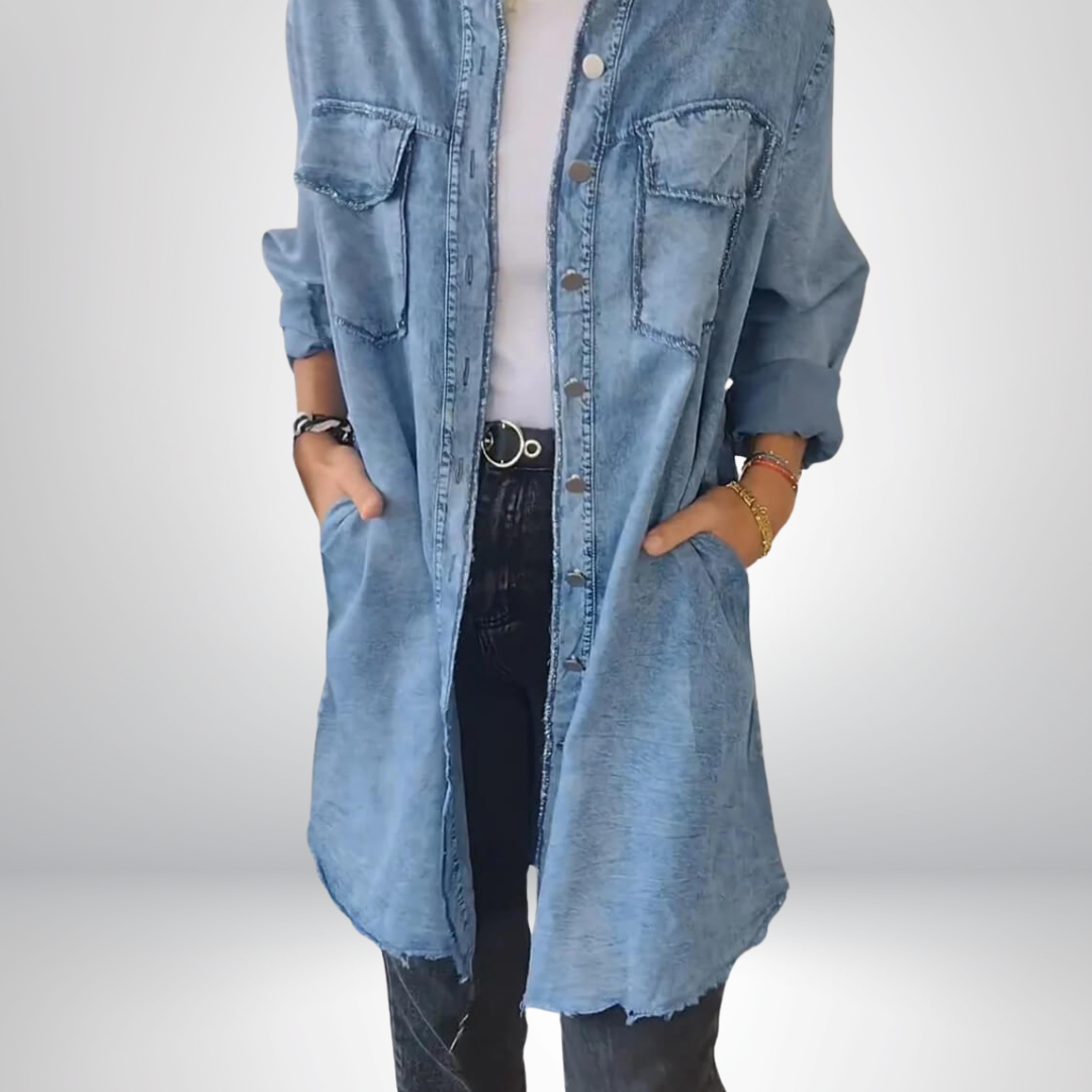 Krystyna – Stilvolle Jeansjacke Mit Langen Ärmeln und Kragen
