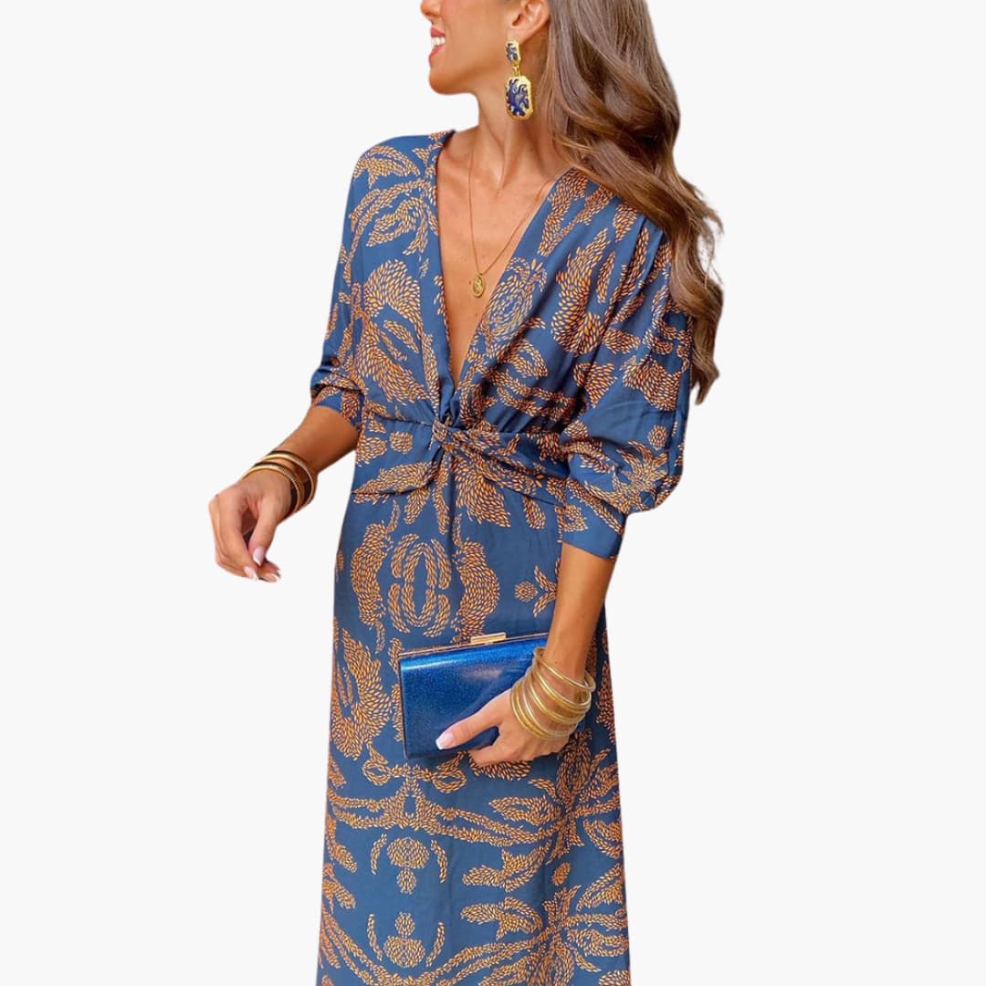 Midikleid für Damen - Blumenmuster, Langarm & V-Ausschnitt