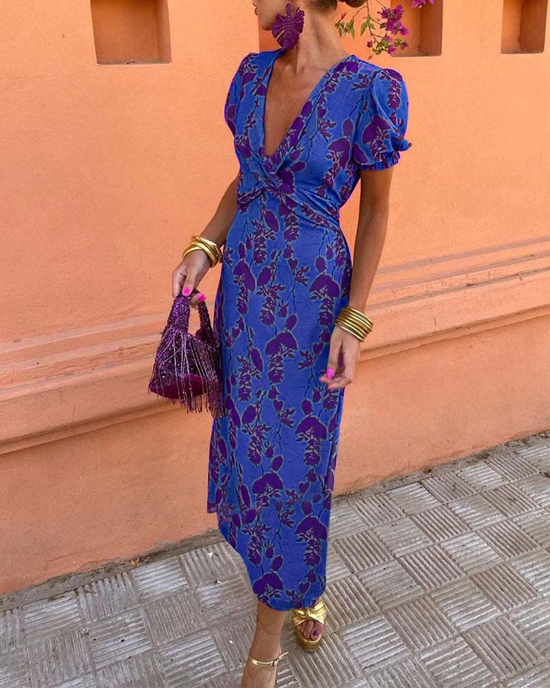 Jocell – Midikleid mit Vintage-Blumenmuster und Puffärmeln