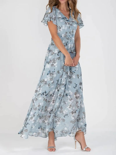 Floral V-Neck Flutter Sleeve Maxi Dress