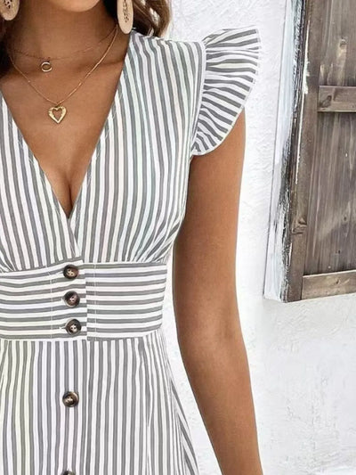 Striped Button Front Cap Sleeve Dress