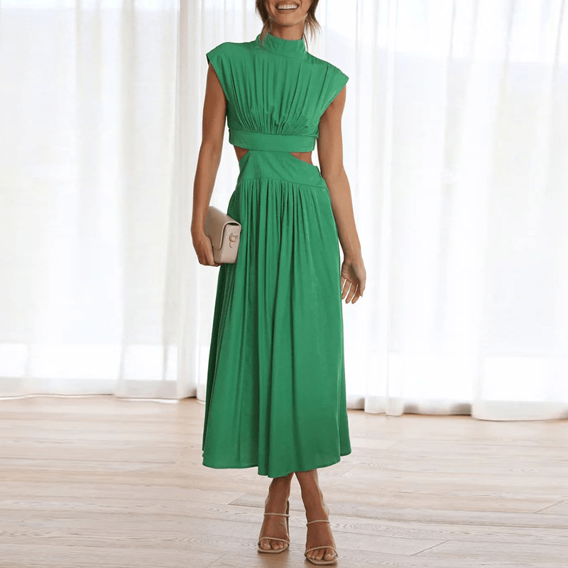Elegantes schwarzes Midikleid mit Cut-Outs – Stehkragen & Plissee für stilvolle Auftritte