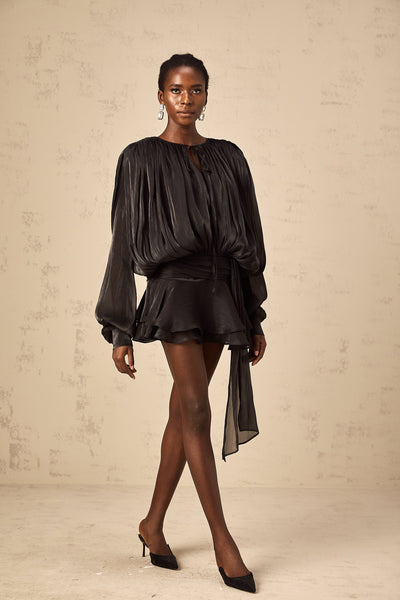 Plissiertes Minikleid mit langen Ärmeln und Bindekragen für Damen
