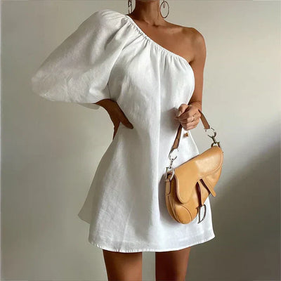 Damen One-Shoulder Kleid + Puffärmel + eleganter Stil
