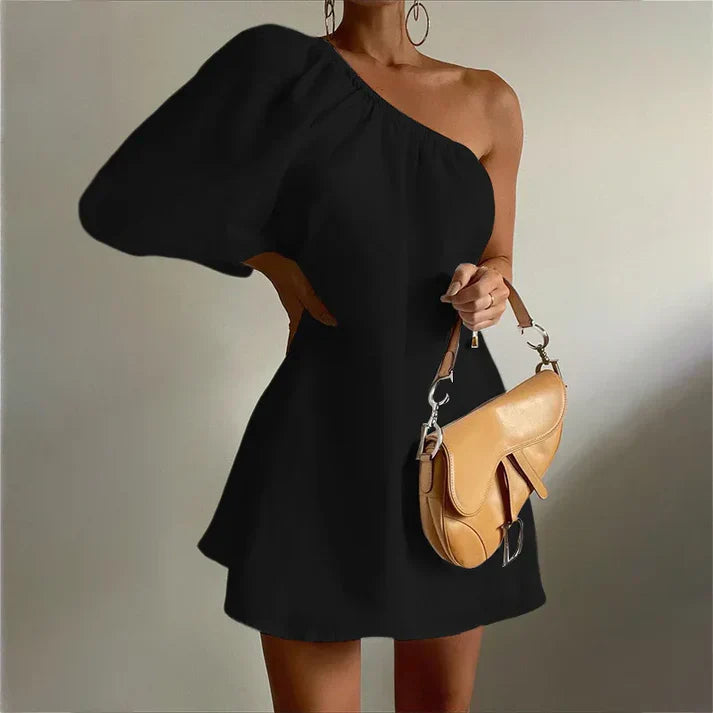 Damen One-Shoulder Kleid + Puffärmel + eleganter Stil