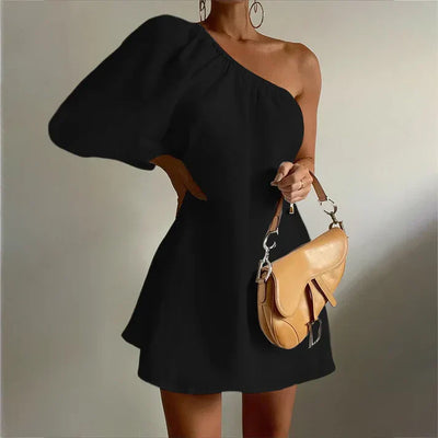 Damen One-Shoulder Kleid + Puffärmel + eleganter Stil