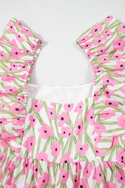 Floral Print Square Neck Ruffled Cap Sleeve Maxi Dress