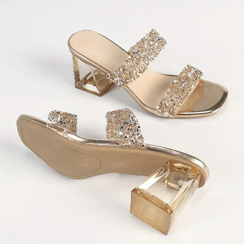 Melisette – Sandalen mit transparentem Blockabsatz und Glitzerriemen