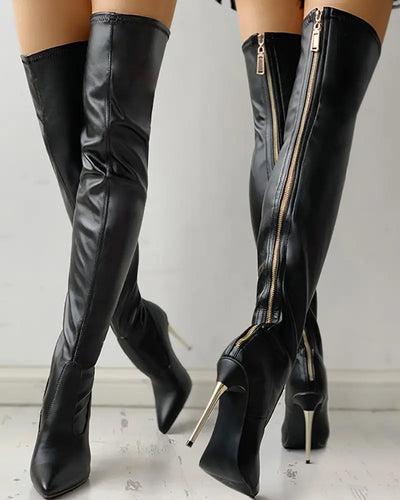 Damen-Overknee-Stiefel aus veganem Leder mit goldener Absatz und Reißverschluss