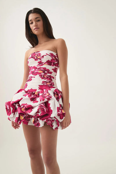Schulterfreies Mini Kleid mit Ballonrock und floralem Muster für Damen