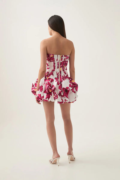 Schulterfreies Mini Kleid mit Ballonrock und floralem Muster für Damen