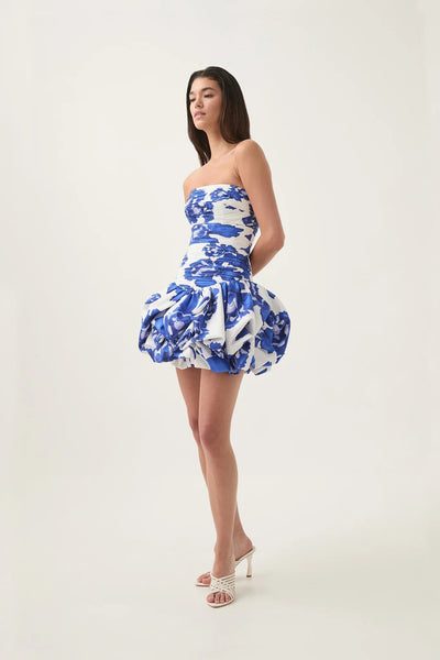 Schulterfreies Mini Kleid mit Ballonrock und floralem Muster für Damen