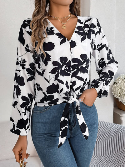 Victoria - Elegante Bluse mit V-Ausschnitt, Print und langen Ärmeln