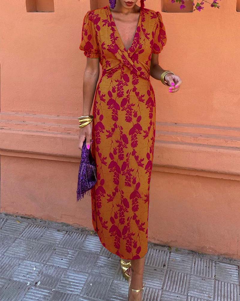 Jocell – Midikleid mit Vintage-Blumenmuster und Puffärmeln