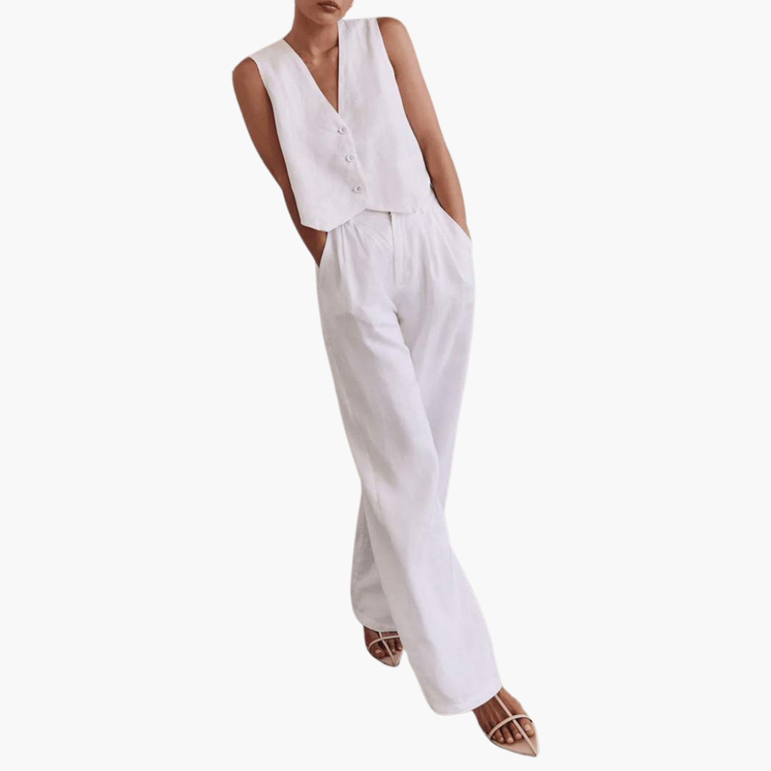 Zweiteiler mit V-Ausschnitt leinen - Damen Sommer Zweiteiler