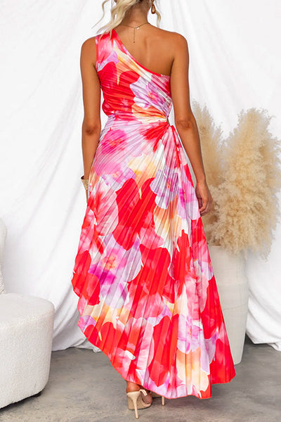 Elegantes Maxikleid mit Blumendruck – Einarmig & Plissiert, Perfekt für Sommer und besondere Anlässe