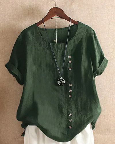 Veselina – Stilvolle asymmetrische Leinenbluse mit Knöpfen
