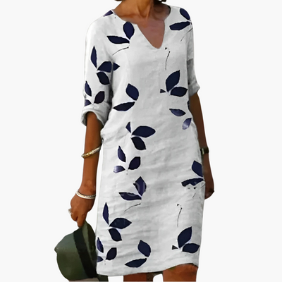 Sommerkleid für Damen - Blättermuster, locker & V-Ausschnitt