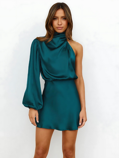 Damen One-Shoulder Satin Kleid – Eleganter Schnitt mit Schlitz – Für Partys