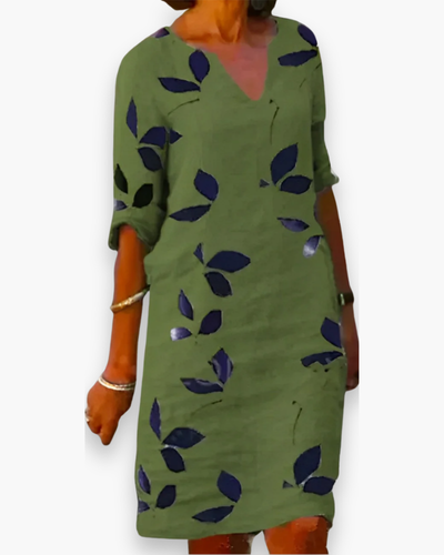 Damen Elegantes Blätterdruck Kleid | Midi